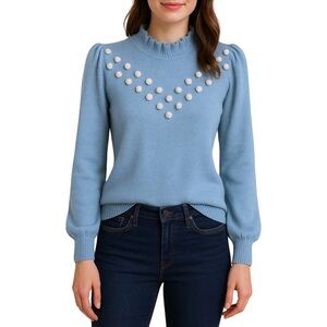 NWT Summersalt Balloon Sleeve Pom Pom 100% Cotton Sweater - S - Blue, White